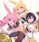  3girls absurdres black_hair black_legwear blonde_hair breasts coat fate/grand_order fate_(series) highres hildr_(fate) looking_at_viewer multiple_girls open_mouth ortlinde_(fate) pink_hair red_eyes same_(sendai623) smile thigh-highs thrud_(fate) valkyrie_(fate) white_coat 