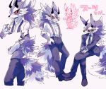  1boy ajuka alternate_costume animal_ears bael_(tokyo_houkago_summoners) breast_pocket chibi claws collared_shirt formal full_body fur furry glasses grey_fur horns invisible_chair long_sleeves looking_at_viewer male_focus multicolored_fur multiple_views necktie parted_lips pocket purple_fur shirt shrugging sideways_glance sitting smile standing suit suspenders tail tokyo_houkago_summoners undone_necktie vest white_fur 