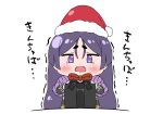  1girl bangs box chibi commentary_request fate/grand_order fate_(series) frown gift gift_box hat highres long_hair minamoto_no_raikou_(fate) open_mouth parted_bangs purple_hair rei_(rei_rr) santa_hat solo tears translation_request trembling very_long_hair violet_eyes 