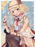  1girl :d blonde_hair blue_eyes blush bob_cut breasts brown_headwear capelet collared_shirt deerstalker detective hair_ornament hat high-waist_skirt highres holding_magnifying_glass hololive hololive_english large_breasts looking_at_viewer magnifying_glass mi_taro333 monocle monocle_hair_ornament necktie notice_lines open_mouth plaid plaid_skirt red_neckwear shirt short_hair skirt smile solo syringe syringe_holster thigh-highs trench_coat virtual_youtuber watson_amelia white_shirt wing_collar 