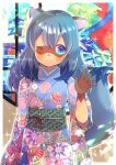  1girl ;) animal_ears bangs blue_eyes blue_hair blue_kimono brand_new_animal closed_mouth commentary_request eyebrows_visible_through_hair fang fang_out floral_print hair_between_eyes hand_up japanese_clothes kagemori_michiru kimono kouu_hiyoyo long_hair long_sleeves looking_at_viewer obi one_eye_closed print_kimono sash smile solo tail tail_raised thick_eyebrows upper_body wide_sleeves 