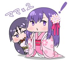  ! 2girls behind_another chibi commentary fate/grand_order fate_(series) floral_print flower hair_flower hair_ornament hair_ribbon highres japanese_clothes kasuga_no_tsubone_(fate) kimono long_hair matou_sakura minamoto_no_raikou_(fate) multiple_girls obi parvati_(fate) pelvic_curtain pink_flower pink_kimono pink_ribbon purple_hair rei_(rei_rr) ribbon sash star-shaped_pupils star_(symbol) symbol-shaped_pupils translated very_long_hair violet_eyes 