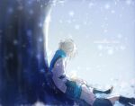  1boy 1girl back blonde_hair blue_neckwear blue_scarf bow brother_and_sister commentary detached_sleeves hair_bow highres kagamine_len kagamine_rin leg_warmers looking_at_another looking_down lying on_person on_side sailor_collar scarf shirt short_sleeves shorts siblings sitting sketch sleeveless sleeveless_shirt snow snowflakes snowing song_name soundless_voice_(vocaloid) tree twins under_tree vocaloid warabi_(danngo-mitarasi) 
