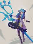  1girl absurdres ahoge arainekozz black_gloves blue_hair bow checkered checkered_clothing checkered_legwear closed_mouth dress drill_hair eyebrows_visible_through_hair frilled_dress frills gloves green_eyes gwen_(league_of_legends) hair_bow heterochromia highres holding holding_scissors holding_weapon league_of_legends long_hair mismatched_legwear oversized_object purple_bow scissors smile solo stitches striped striped_legwear twintails violet_eyes weapon white_bow white_dress white_footwear 