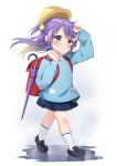  1girl absurdres backpack bag bangs blush commentary crescent crescent_hair_ornament eyebrows_visible_through_hair full_body hair_ornament hat highres hololive hololive_indonesia ikazu401 kindergarten_uniform long_sleeves moona_hoshinova multicolored_hair purple_hair randoseru school_hat shirt shoes skirt socks solo star_(symbol) star_hair_ornament symbol_commentary two-tone_hair umbrella violet_eyes virtual_youtuber white_legwear yellow_headwear younger 