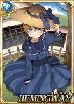  1boy angry annoyed blonde_hair blue_eyes blush carchet card_(medium) character_name child crossdressinging day dress embarrassed hair_between_eyes hat hemingway_(sid_story) male_focus otoko_no_ko outdoors sid_story sky solo sun_hat younger 