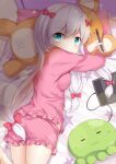 1girl absurdres aqua_eyes bandaid bow breasts charger charging charging_device drawing_tablet eromanga_sensei hair_bow highres holding holding_stylus izumi_sagiri long_hair low-tied_long_hair lying lying_on_bed lying_on_stomach medium_breasts on_bed on_stomach pajamas pink_bow pink_hair_bow pink_pajamas pink_pillow pink_shorts plaster poinia shorts silver_hair solo star_(symbol) starry_background stuffed_animal stuffed_octopus stuffed_toy stylus teddy_bear tri_tails white_hair