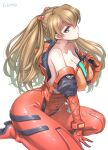  ass bodysuit breasts floor gainax hand_on_own_chest highres long_hair looking_to_the_side neon_genesis_evangelion no_bra open_clothes open_shirt sitting souryuu_asuka_langley studiozombie thighs wariza 