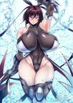  1girl absurdres action_taimanin bare_shoulders black_bow blush bow breasts brown_hair curvy highres holding_naginata huge_breasts huge_filesize impossible_clothes impossible_leotard leotard mature_female mizuki_shiranui naginata polearm red_eyes solo sonparesu taimanin_(series) taimanin_rpgx taimanin_suit water weapon wide_hips 