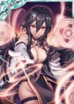  &gt;:) 1girl akkijin bare_shoulders black_dress black_gloves black_hair breasts dress gloves hair_ornament long_hair magic magic_circle medium_breasts no_panties official_art red_eyes shinkai_no_valkyrie sorceress 