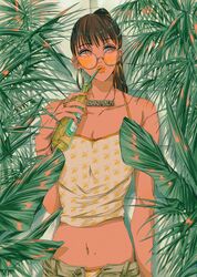  1girl bottle brown_hair cowboy_shot crop_top drinking earrings highres hoop_earrings jewelry leaf long_hair midriff najuco_(naju0517) navel open_fly original plant ponytail print_camisole red_eyes round_eyewear solo tinted_eyewear 