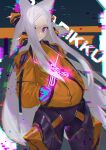  1girl alternate_costume android animal_ears character_name dyarikku_(vtuber) ex-trident floating_hair forehead fox_ears glitch grey_hair hands_in_pockets highres indie_virtual_youtuber jacket long_hair looking_to_the_side mechanical_legs one_eye_covered orange_jacket sidelocks smile solo very_long_hair virtual_youtuber 