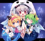  3girls :3 =_= alice_margatroid bangs black_dress black_headwear blonde_hair blouse blue_background blue_dress blue_eyes blush bow capelet closed_mouth collared_blouse commentary_request cookie_(touhou) daiyousei demon_tail demon_wings diyusi_(cookie) dress eyebrows_visible_through_hair flag full_body ghost_costume gloves green_hair grey_hair hair_between_eyes hair_bow hairband halloween happy_halloween hat holding holding_flag horns ichigo_(cookie) letterboxed looking_at_viewer marionette medium_hair multiple_girls nazrin nyon_(cookie) open_mouth pinafore_dress pink_hairband pink_neckwear ponytail pumpkin_hat_ornament puppet rabbit red_eyes short_hair star_(symbol) tail touhou white_blouse white_capelet white_gloves wings witch_hat xox_xxxxxx yellow_bow 