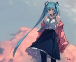  1girl artist_name bangs bare_shoulders black_legwear blue_eyes blue_hair blush breast_pocket choker collared_shirt daliyang dated frilled_skirt frills hair_between_eyes hair_ornament hatsune_miku jacket lipgloss long_hair medium_skirt necktie open_clothes open_jacket open_mouth outdoors pocket shirt skirt smile solo very_long_hair vocaloid wind 