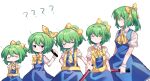  1girl ? ?? age_progression bangs blouse blush_stickers bow bowtie closed_eyes closed_mouth collared_blouse commentary_request cookie_(touhou) cowboy_shot daiyousei diyusi_(cookie) eyebrows_visible_through_hair gloves green_eyes green_hair hair_between_eyes hair_bow high-visibility_vest high-waist_skirt holding looking_at_viewer medium_hair ponytail puffy_short_sleeves puffy_sleeves short_sleeves simple_background skirt touhou traffic_baton white_background white_blouse white_gloves xox_xxxxxx yellow_bow yellow_neckwear 
