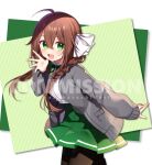  1girl :d ahoge bangs black_legwear bow braid brown_hair cardigan collared_shirt commission diagonal_stripes dress_shirt eyebrows_visible_through_hair green_background green_eyes green_skirt grey_cardigan hair_between_eyes hair_bow hair_over_shoulder hand_up hazakura_chikori highres long_hair long_sleeves looking_at_viewer open_cardigan open_clothes open_mouth original pantyhose pleated_skirt school_uniform shirt skeb_commission skirt sleeves_past_wrists smile solo striped striped_background twin_braids watermark white_background white_bow white_shirt 