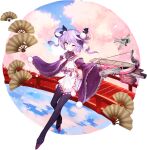  1girl aircraft artist_request bangs black_legwear blue_oath blush crossbow eyebrows_visible_through_hair fan frilled_sleeves frills gloves hair_ornament highres holding holding_weapon japanese_clothes long_sleeves multicolored_hair official_art one_eye_closed petals pom_pom_(clothes) purple_gloves purple_hair retrofit_(blue_oath) rigging smile solo thigh-highs transparent_background weapon wide_sleeves yellow_eyes zuihou_(blue_oath) 