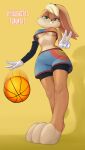  1girl animal_nose barefoot basketball basketball_uniform bike_shorts bike_shorts_under_shorts blonde_hair body_fur breasts buck_teeth commentary crop_top detached_sleeves dribbling english_commentary english_text eyeshadow from_below full_body furry gloves green_eyes highres lola_bunny looking_at_viewer looney_tunes makeup medium_breasts no_bra oversized_limbs rabbit_girl short_hair shorts single_detached_sleeve solo space_jam space_jam:_a_new_legacy sportswear tony_kuusisto toon under_boob v white_gloves 