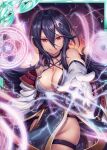  &gt;:) 1girl akkijin bare_shoulders black_dress black_gloves blue_hair breasts dress gloves hair_ornament lightning_bolt long_hair magic magic_circle medium_breasts no_panties official_art red_eyes shinkai_no_valkyrie sorceress 