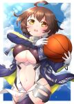  1girl ahoge azur_lane ball baltimore_(azur_lane) bangs basketball black_legwear blue_coat blue_sky blush braid breasts brown_hair center_opening character_name clothing_cutout clouds coat commentary_request cowboy_shot day eyebrows_visible_through_hair faulds french_braid garter_straps gloves hair_between_eyes heavy_breathing highres holding holding_ball hooded_coat kado_(hametunoasioto) large_breasts lens_flare long_sleeves looking_at_viewer multicolored_coat navel number open_clothes open_coat open_mouth pelvic_curtain short_hair sidelocks skindentation sky solo standing stomach_cutout sweat taut_clothes thigh-highs under_boob underboob_cutout upper_teeth visor_(armor) white_gloves yellow_eyes 