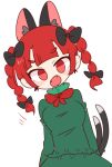  1girl animal_ears bangs black_bow blunt_bangs bow bowtie braid cat_ears cat_tail extra_ears eyebrows_visible_through_hair fangs green_shirt green_skirt hair_bow highres kaenbyou_rin long_sleeves looking_at_viewer multiple_tails nekomata op_na_yarou open_mouth red_bow red_eyes red_neckwear redhead shirt side_braids simple_background skirt solo standing tail touhou twin_braids two_tails white_background 