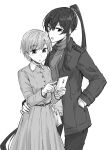  2girls bag black_hair cellphone dress female_admiral_(kancolle) greyscale hand_in_pocket hand_on_another&#039;s_hip handbag high_ponytail jacket kantai_collection long_hair mole mole_under_eye monochrome multiple_girls open_mouth phone ponytail rindou_(rindou_annon) short_hair smartphone turtleneck very_long_hair white_background yahagi_(kancolle) 