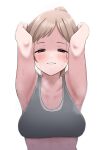  1girl absurdres armpits bangs blurry blush breasts collarbone half-closed_eyes hands_on_own_face highres idolmaster idolmaster_shiny_colors kobinbin looking_at_viewer medium_breasts ponytail sakuragi_mano simple_background smile solo sports_bra sportswear sweatdrop upper_body white_background 