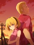  1boy 1girl arm_at_side back-to-back bandaid bandaid_on_forehead bangs black_hairband blonde_hair blush breasts closed_mouth clouds collared_shirt commentary evening floral_print gradient_sky hairband hand_on_own_arm hawaiian_shirt highres higurashi_no_naku_koro_ni houjou_satoko houjou_teppei looking_down looking_up mashita_(candy_apricot) orange_sky outdoors parted_lips pink_eyes pink_shirt power_lines print_shirt red_shirt red_sky shirt short_hair short_sleeves sky sleeveless sleeveless_shirt small_breasts uncle_and_niece upper_body utility_pole 