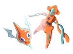  commentary deoxys deoxys_(normal) emuenuon full_body gen_3_pokemon gen_4_pokemon legs_apart looking_at_viewer mythical_pokemon no_humans outstretched_arms pokemon pokemon_(creature) rotom rotom_(normal) simple_background smile white_background 