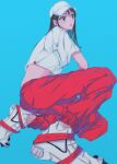  1girl aqua_background black_hair from_side full_body grey_eyes hat highres long_hair najuco_(naju0517) original pants red_pants shirt shoes short_sleeves simple_background solo squatting white_footwear white_headwear white_shirt 