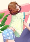  1girl all_fours bed bed_sheet blue_shorts blush brown_eyes brown_hair dutch_angle hibike!_euphonium highres indoors matebashi midriff open_mouth oumae_kumiko plant polka_dot shirt short_hair short_sleeves shorts smile solo t-shirt yellow_shirt 