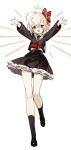  1girl :d absurdres ahoge bangs black_footwear black_hair black_legwear black_skirt bow commentary_request eyebrows_visible_through_hair frilled_skirt frills full_body hair_between_eyes hair_bow highres light_brown_hair looking_at_viewer open_mouth outstretched_arms red_bow red_eyes red_neckwear rumia sailor_collar sh_(562835932) shirt shoes skirt smile socks solo standing standing_on_one_leg touhou white_background white_sailor_collar white_shirt 