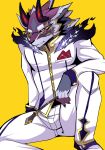  1boy animal_ears bael_(tokyo_houkago_summoners) black_sclera breast_pocket colored_sclera furry glasses grey_fur handkerchief highres holding horns long_sleeves looking_at_viewer male_focus mouhu_(bearlovestiger13) multicolored_fur parted_lips pocket purple_fur red_eyes school_uniform simple_background sitting solo tokyo_houkago_summoners white_fur yellow_background 