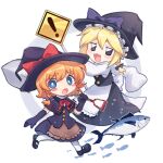  ! 2girls bangs black_capelet black_eyes black_footwear black_gloves black_headwear black_shirt black_skirt blonde_hair blue_eyes blush blush_stickers bow braid bright_pupils capelet cookie_(touhou) elbow_gloves eyebrows_visible_through_hair fish full_body gloves hair_bow hat hat_bow holding holding_shovel kirisame_marisa looking_at_viewer mary_janes meguru_(cookie) multiple_girls open_mouth purple_bow red_bow shirt shoes short_hair shovel side_braid sign simple_background single_braid skirt sleeves_past_wrists socks touhou tuna warning_sign white_background white_legwear white_pupils witch_hat xox_xxxxxx yuuhi_(cookie) 