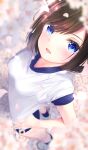  1girl :d absurdres bangs blue_eyes blush breasts brown_hair buruma cherry_blossoms gym_uniform highres looking_at_viewer open_mouth original outdoors shirt short_hair short_sleeves smile solo t-shirt thighs white_footwear white_legwear white_shirt yunarebun 