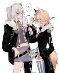  2girls animal_ears black_jacket blonde_hair blue_bow blush bow breasts check_commentary commentary_request covered_navel fox_ears fox_girl fox_tail from_side fur_trim grey_eyes hair_bow hand_in_pocket highres hololive jacket kakult2017 lion_ears lion_girl lion_tail looking_at_another looking_down medium_breasts multiple_girls omaru_polka open_mouth parted_lips shishiro_botan single_legging skirt smile speech_bubble striped striped_skirt tail thigh-highs thigh_strap torn_clothes torn_legwear violet_eyes virtual_youtuber white_background wrist_cuffs 