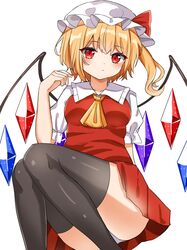  1girl ascot bangs black_legwear blonde_hair closed_mouth crystal eyebrows_visible_through_hair feet_out_of_frame flandre_scarlet hat hat_ribbon highres kiui_(dagk8254) looking_at_viewer mob_cap panties red_eyes red_ribbon red_skirt red_vest ribbon shirt short_sleeves side_ponytail simple_background skirt solo thigh-highs touhou underwear vest white_background white_headwear white_panties white_shirt wings yellow_neckwear 