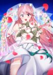  1girl absurdres blush bouquet bride dress elbow_gloves eyebrows_visible_through_hair fang flower from_below gloves highres juliahsl last_origin looking_at_viewer looking_down open_mouth pink_eyes pink_hair smile t-14_miho tears twintails wedding wedding_dress white_dress 