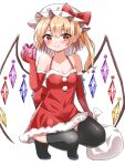  1girl bangs black_legwear blonde_hair bow box bright_pupils closed_mouth crystal dress elbow_gloves eyebrows_visible_through_hair flandre_scarlet full_body gift gift_box gloves hat hat_bow highres holding holding_gift kiui_(dagk8254) looking_at_viewer medium_hair mob_cap red_bow red_dress red_eyes red_gloves sack santa_costume side_ponytail simple_background smile solo squatting thigh-highs touhou white_background white_headwear white_pupils wings 