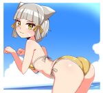  1girl animal_ears ass bangs beach blunt_bangs breasts cat_ears cat_girl clouds cougar_(cougar1404) nia_(xenoblade) short_hair silver_hair sky small_breasts solo swimsuit xenoblade_chronicles_(series) xenoblade_chronicles_2 yellow_eyes 