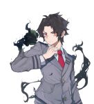 1boy absurdres black_hair boku_no_hero_academia can closed_mouth commission dokuro_deluxe energy_drink extra_hands frown highres holding holding_can male_focus monster_energy necktie original red_eyes red_neckwear school_uniform shadow simple_background solo uniform white_background 