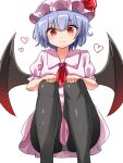  1girl ascot bangs bat_wings black_legwear closed_mouth collared_shirt eyebrows_visible_through_hair hands_on_own_knees hat heart highres kiui_(dagk8254) knees_up looking_at_viewer mob_cap pink_headwear pink_skirt purple_hair red_eyes red_neckwear remilia_scarlet shirt short_hair short_sleeves simple_background sitting skirt smile solo thigh-highs touhou white_background wings 