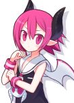 1girl :/ bangs black_horns closed_mouth demon_girl demon_horns demon_wings disgaea flat_chest hair_between_eyes hand_up horns looking_at_viewer makai_senki_disgaea makai_senki_disgaea_3 mini_wings no_nose pink_eyes pink_hair pointy_ears raspberyl sailor_collar short_hair silhouette simple_background sleeveless solo suta_(clusta) v-shaped_eyebrows white_background white_sailor_collar wings 