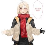  1girl bangs beige_jacket black_gloves black_shirt blonde_hair blush english_text eyebrows_behind_hair gloves hair_behind_ear highres kuroi_enpitsu looking_at_viewer open_mouth original outstretched_arms red_eyes red_scarf scarf shirt short_hair single_glove solo speech_bubble striped striped_scarf 