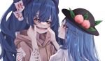  2girls black_headwear blue_eyes blue_hair food fruit hat highres hinanawi_tenshi looking_at_another multiple_girls open_mouth peach red_eyes simple_background touhou tsune_(tune) upper_body white_background yorigami_shion 