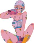 1girl bandaid bandaid_on_nose bangs blonde_hair blue_shorts boxing_gloves feet_out_of_frame gloves grey_headwear highres midriff najuco_(naju0517) navel original pink_gloves print_headwear short_hair shorts simple_background socks solo tomboy white_background yellow_legwear