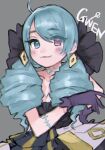  1girl absurdres ahoge aqua_eyes aqua_hair blush character_name closed_mouth collarbone drill_hair earrings eyebrows_visible_through_hair eyes_visible_through_hair gloves grey_background hand_on_hip heterochromia highres jewelry kukai league_of_legends long_hair purple_gloves scar scar_on_neck scissors simple_background smile solo stitches striped upper_body violet_eyes 