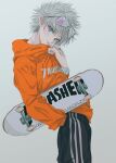  1boy aqua_eyes black_pants cowboy_shot grey_background grey_hair hand_in_pocket hand_up highres hood hood_down hoodie hunter_x_hunter killua_zoldyck lipstick_mark messy_hair najuco_(naju0517) orange_hoodie pants short_hair simple_background skateboard solo tongue tongue_out watch watch 