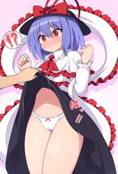 !? 1girl black_headwear black_skirt blush commentary_request eyebrows_visible_through_hair hair_between_eyes hat lifted_by_another long_skirt long_sleeves nagae_iku panties purple_hair rizento short_hair skirt skirt_lift solo_focus stomach thighs touhou underwear upskirt white_panties