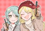  2girls aran_sweater bang_dream! beanie blonde_hair bright_pupils bubble_tea closed_eyes commentary_request green_eyes hand_up hat hikawa_sayo holding itomugi-kun jewelry kirigaya_touko long_sleeves looking_at_viewer multiple_girls necklace open_mouth pink_background plaid plaid_background red_headwear shirt smile sweater upper_body white_pupils 